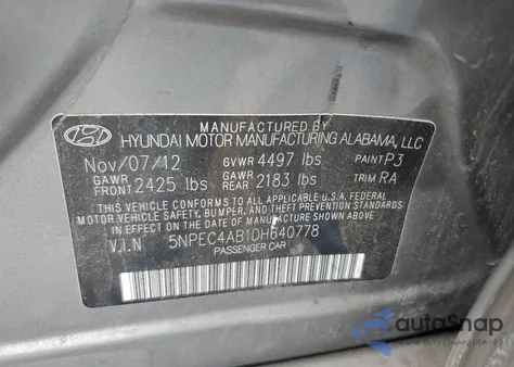 2013 Hyundai Sonata Se из США, поврежденный, VIN 5NPEC4AB1DH640778